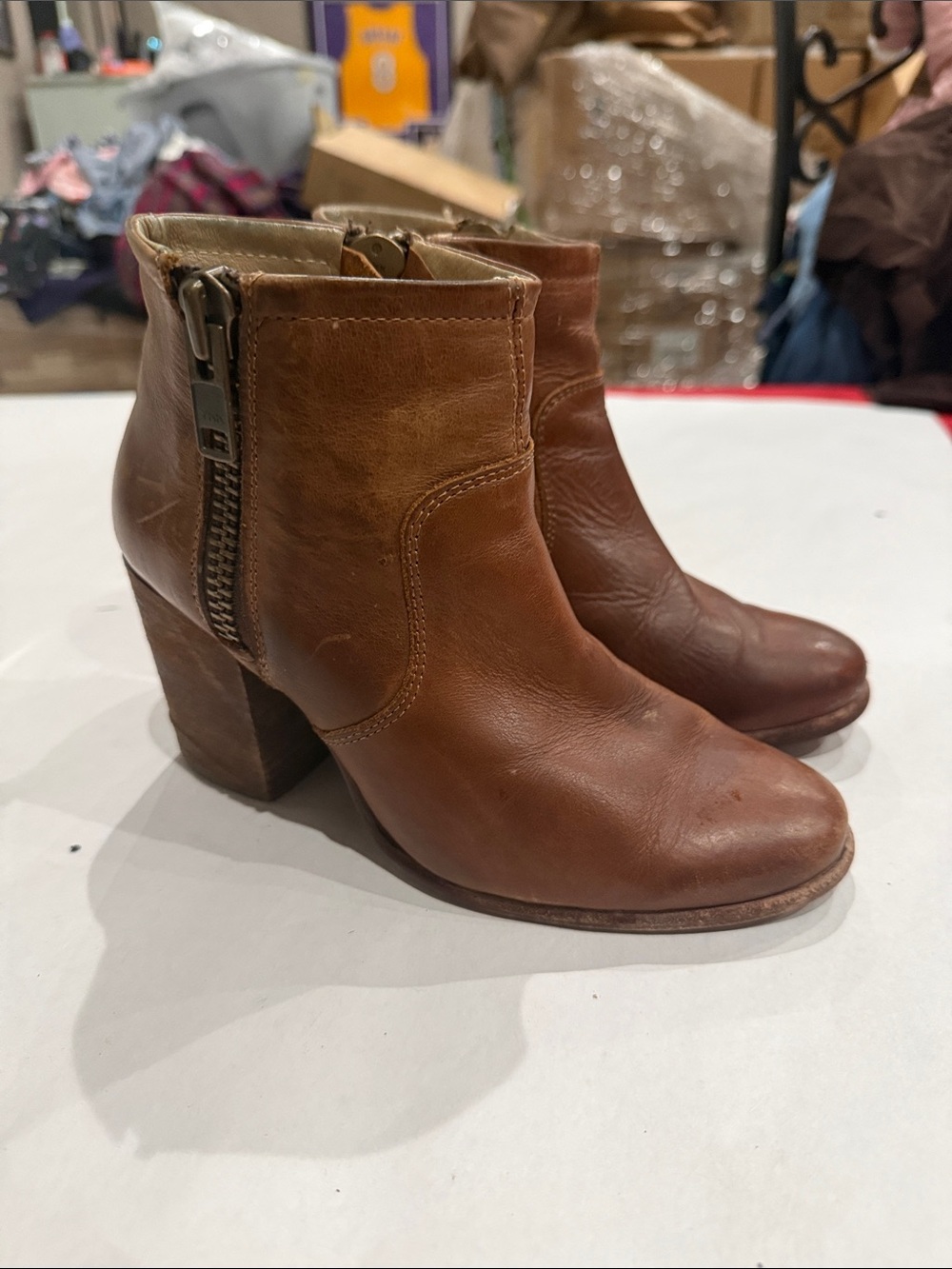 hinge Cognac Leather Ankle Booties with Side Zip